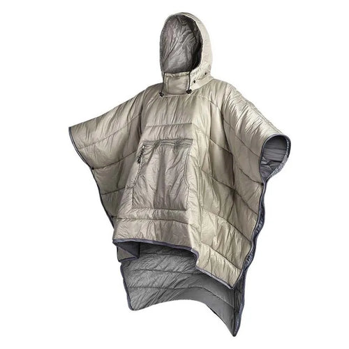 Army Green wearable cloak sleeping bag for adults laid flat, showing 200x140cm size and cape design.