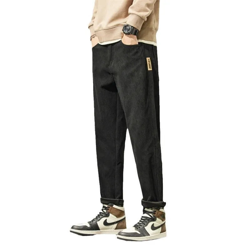 Men's tapered corduroy trousers in straight-leg cut available in multiple colours including Army Green and Black Plus Velvet Style