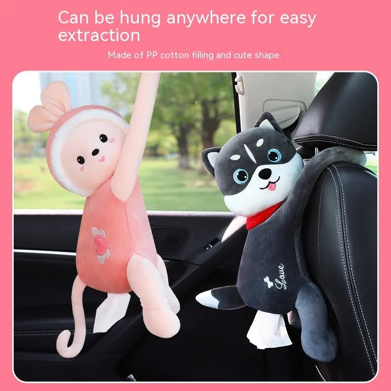 Plush car seat back-mounted tissue box holder with elastic strap in animal design