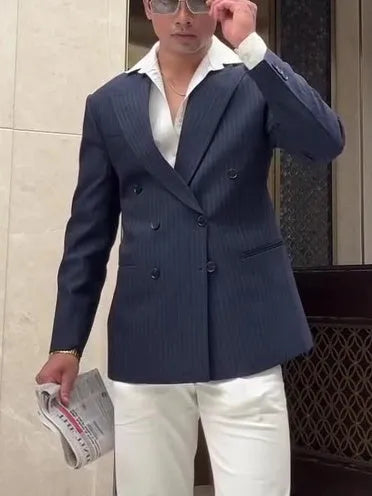 Men's classic stripe double breasted blazer jacket with regular fit and polyester construction