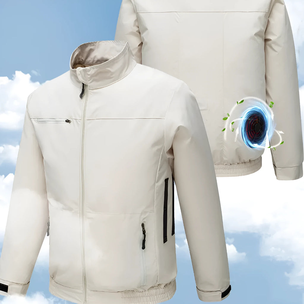 Smart air conditioning cooling jacket with integrated fan for outdoor summer work in black or white.