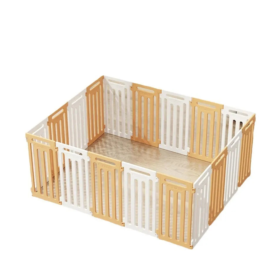 Plastic modular pet isolation fence panels assembled as indoor dog enclosure in white and green colour combination