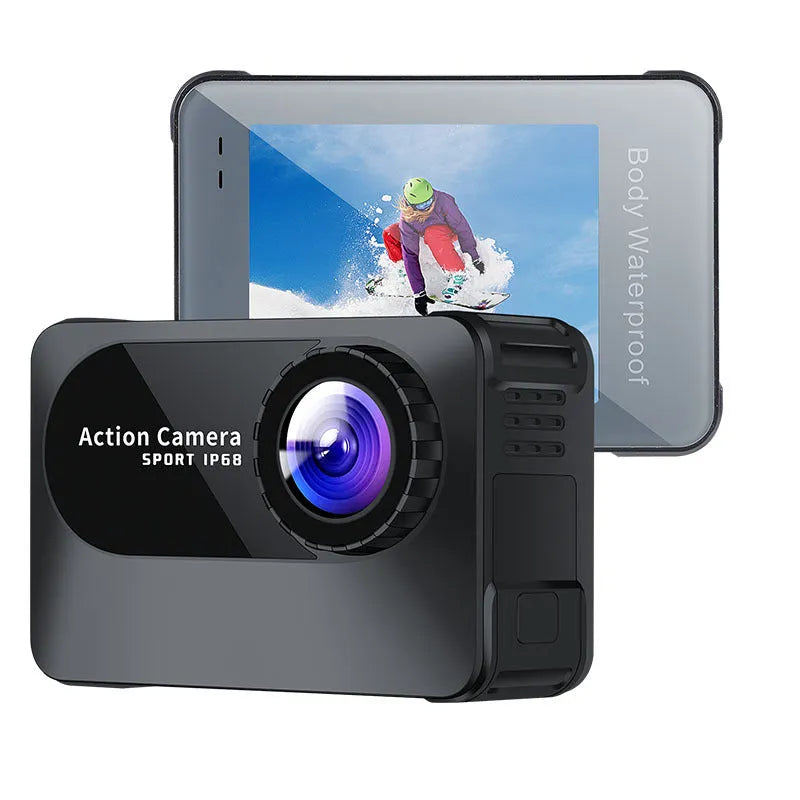Black sports action camera with touch screen and wide-angle lens, dimensions 66x44x31mm