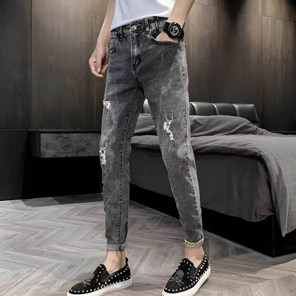 Men's high-waisted denim jeans with button fly in picture colour