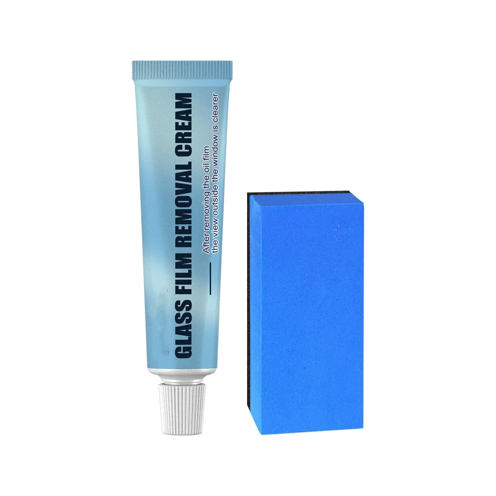 Blue car glass oil film remover bottle with a soft sponge applicator for cleaning windscreens and windows.