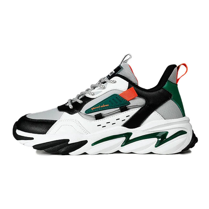 Men's PU leather sports casual shoes in green or orange with colour matching, sizes 39 to 44