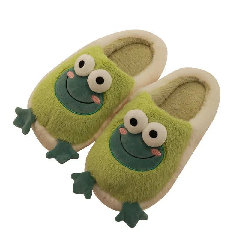 Green winter cotton slippers with coral fleece lining and cartoon frog pattern on a flat sole