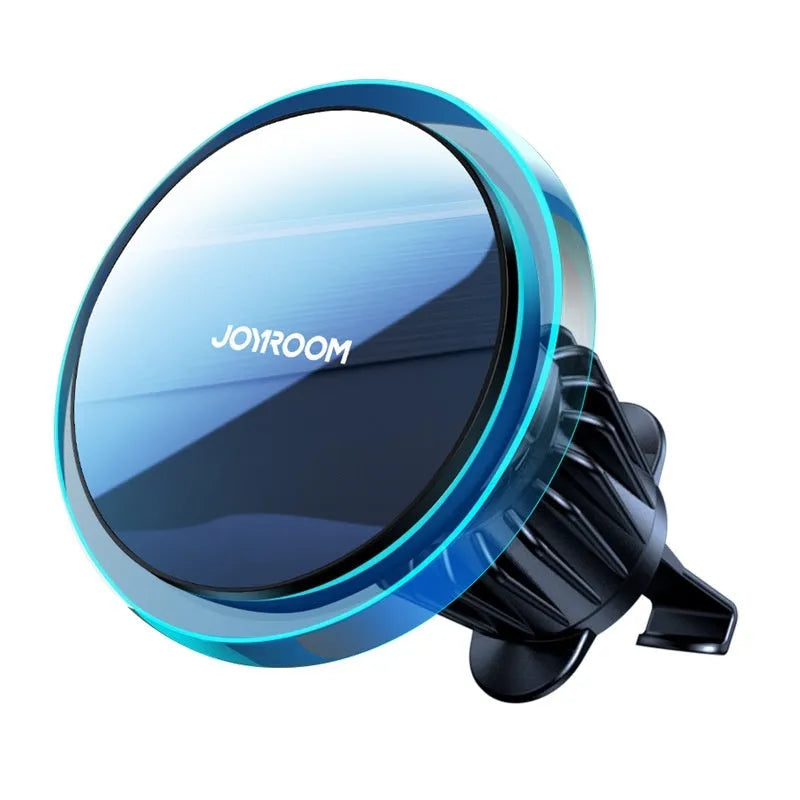 Black magnetic wireless charging car phone mount attached to vehicle air vent