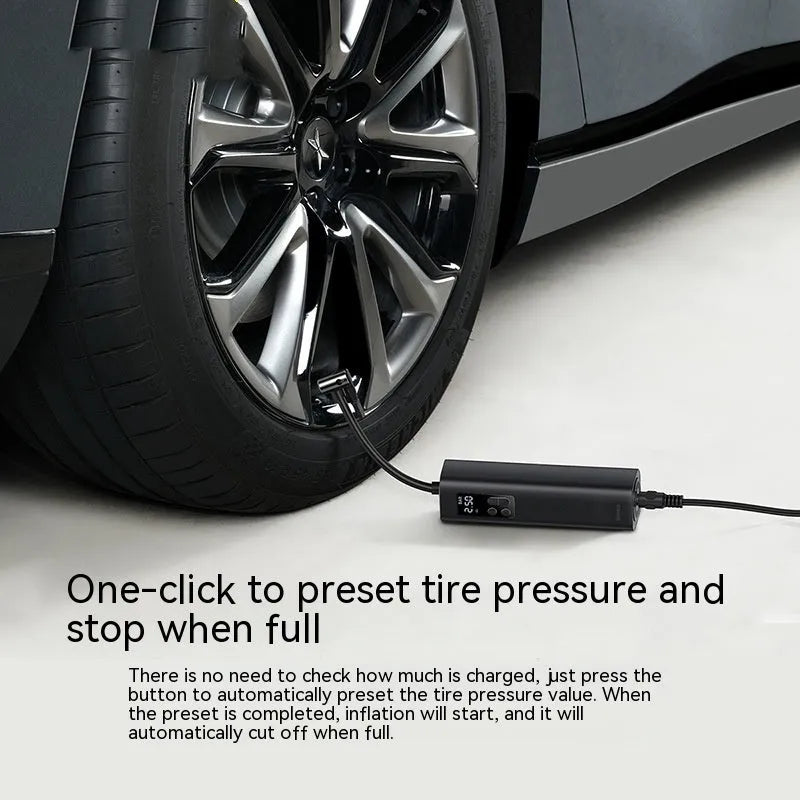 Black super mini car digital tyre inflator with display screen and 12V power connection