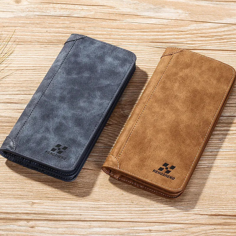 Long men's bi-fold PU leather wallet in brown with car suture stitching, open showing card slots and bill holder
