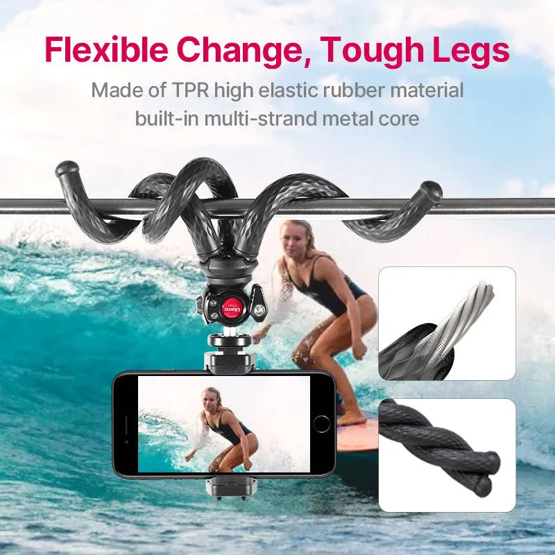 Black octopus-style flexible leg tripod with mobile phone clip attached, FT-01 model extended to 360mm
