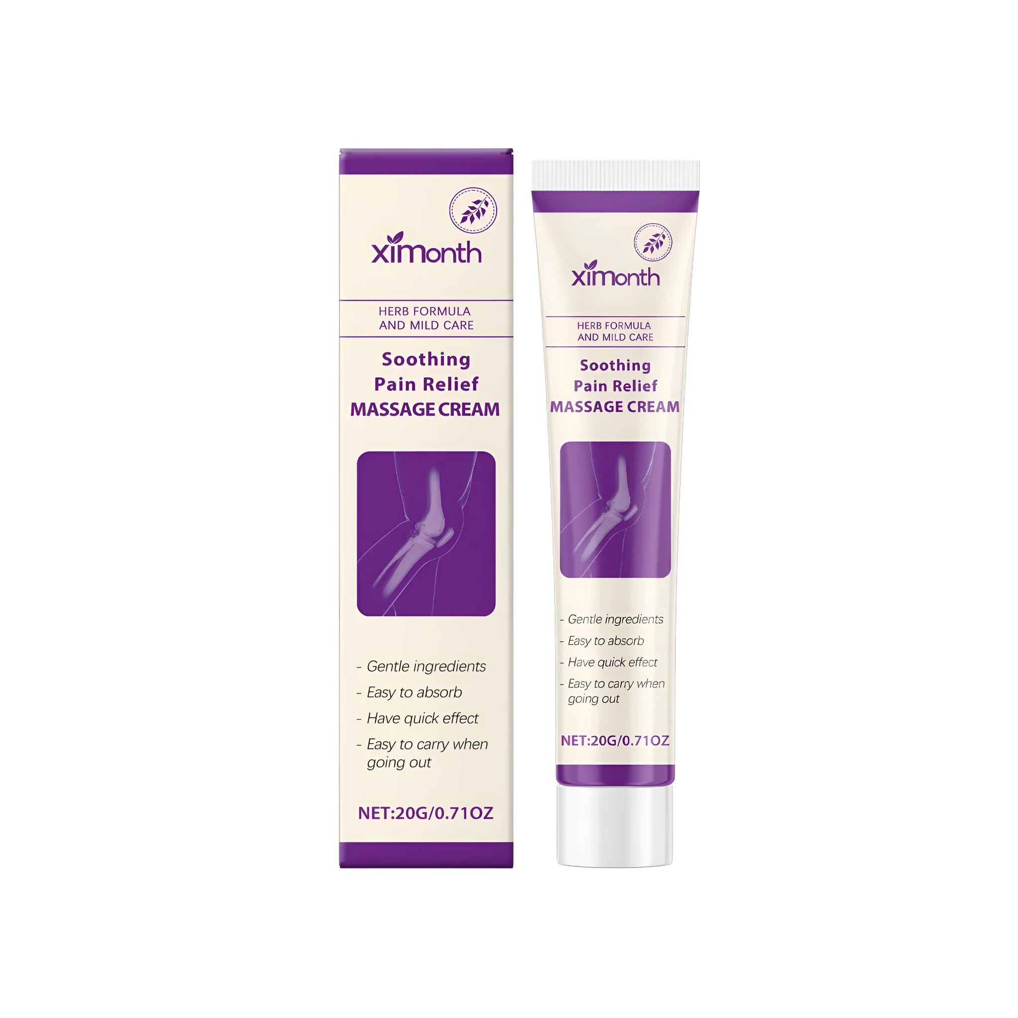 Soothing pain relief massage cream 20g tube with menthol lavender oil and mint leaves for joint and muscle ache
