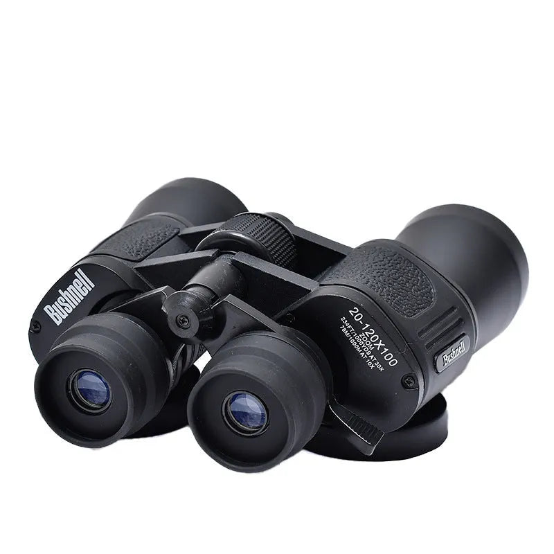 Black outdoor telescope binoculars with large 100mm lenses showing 20-120x zoom markings.