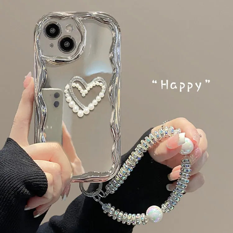 Silicone phone case for iPhone with three-dimensional pearl chain and electroplated bracelet in Silver Gray colour