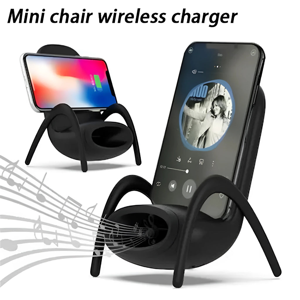White mini chair-shaped wireless charging stand holding a mobile phone at an angle.