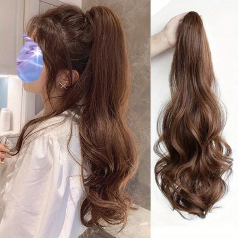 Curly high ponytail wig with big hair claw in black, 50 cm long synthetic fibre