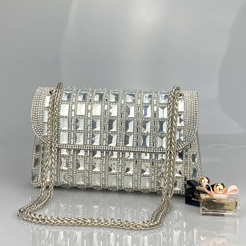 Glass rhinestone chain clutch handbag in horizontal square shape with retro styling and chain strap