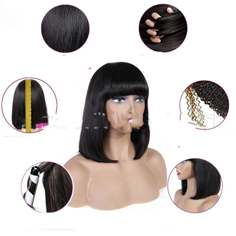 Real hair wig with Qi bangs, long straight bob style, Mechanism B gear wave colour, available in 6 to 16 inch lengths.