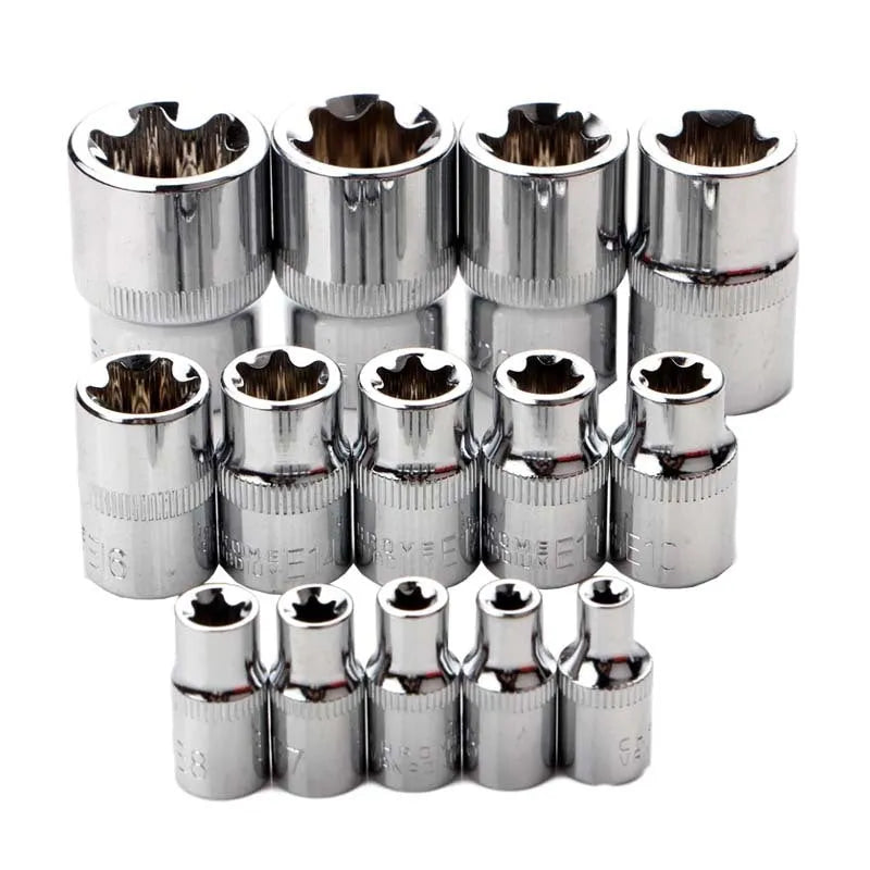 Red toolbox open showing 14 chrome vanadium steel E-type sockets for auto and mechanical repair
