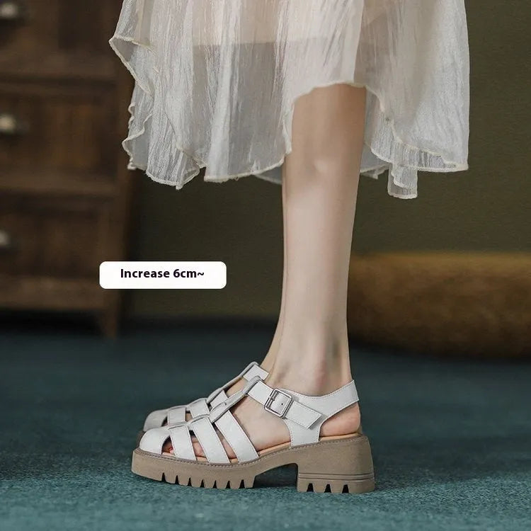 Women's black platform sandals with buckle closure and chunky hollow sole