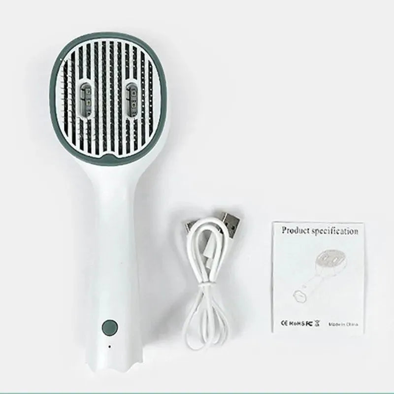Dark green pet grooming comb with UVC sterilisation light, slicker brush, and needle comb on a grey background.