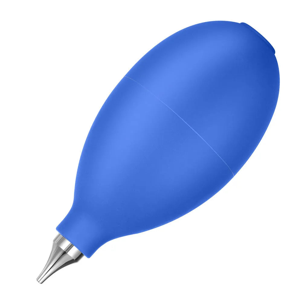 Blue and black handheld rubber dust blower for cleaning cameras and phones.