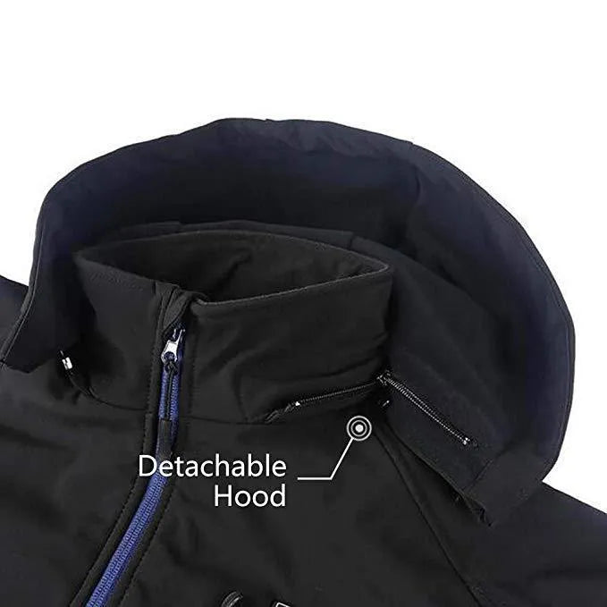 Black men's long sleeve winter coat with a zippered pocket on a hanger.