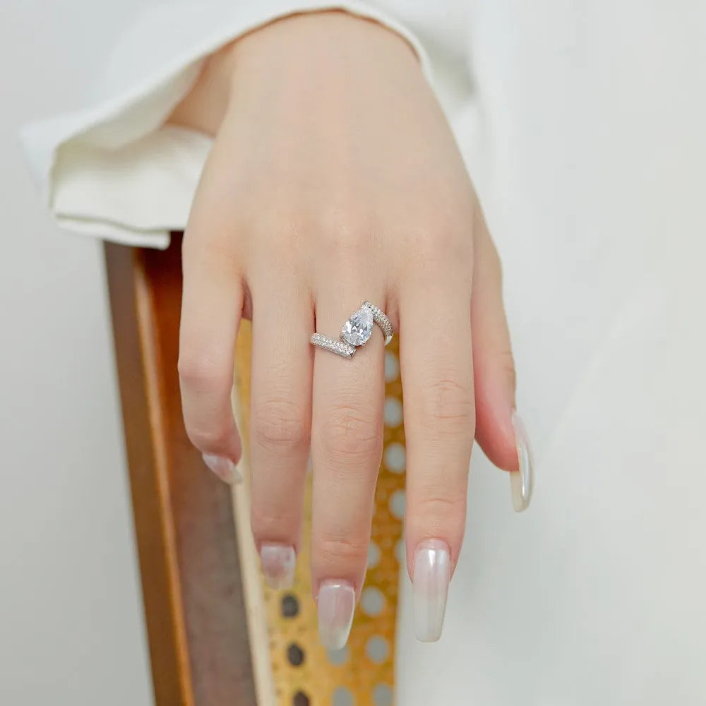 S925 sterling silver ring with water drop zircon inlay, U-shaped band and triangle element, fashion OL style