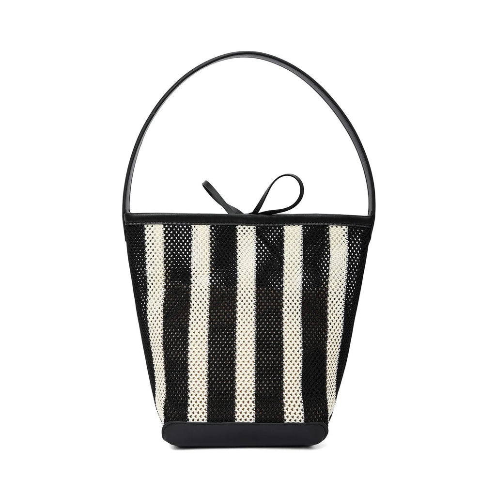 Black and white striped woven fabric women's shoulder bag with bucket style