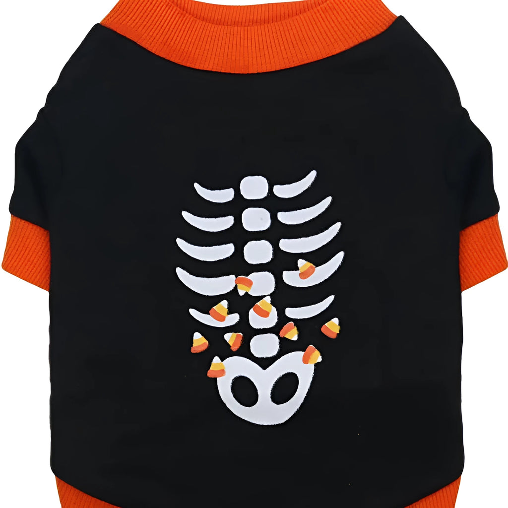 Orange dog skeleton costume sweatshirt with ribbed collar on small breed dog