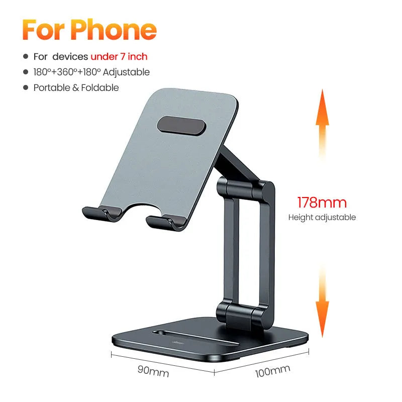 Deep space grey aluminium folding stand holding a tablet and a mobile phone separately.