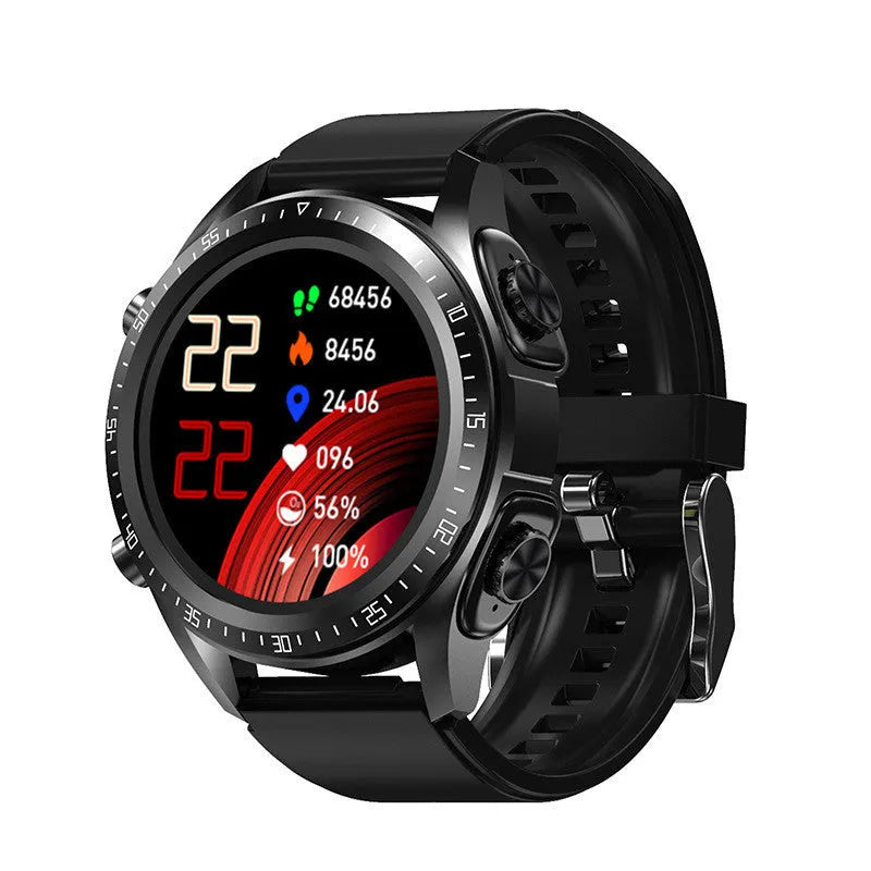 Black smart watch with silicone strap displaying blood pressure and oxygen data on its 1.28-inch screen.