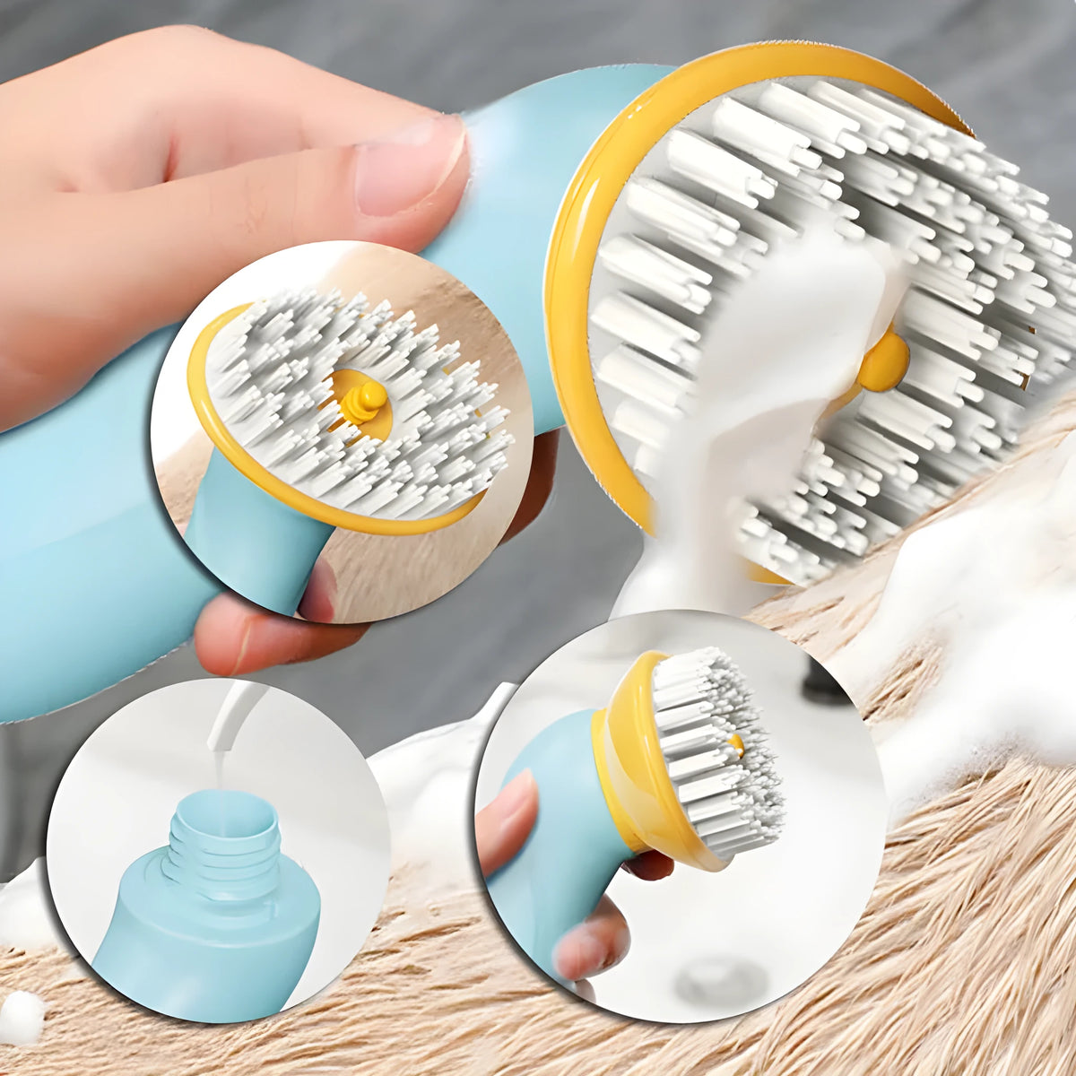 Blue hand-held pet bath brush for dogs and cats made of ABS, PP, and TPR, 62mm x 90mm x 160mm
