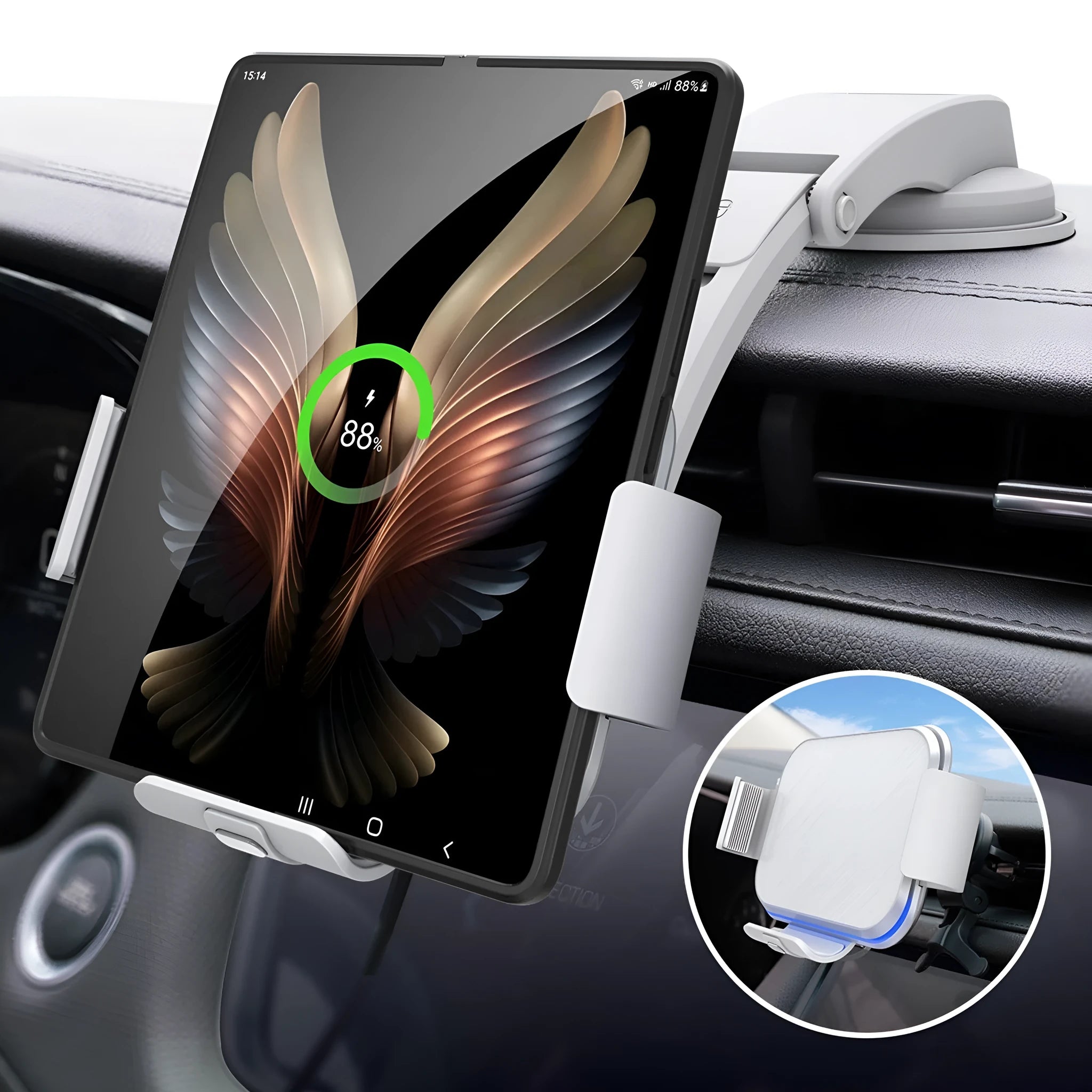 Grey and white wireless charging mobile phone holder for car with folding screen, air conditioner clip, and suction cup bracket.