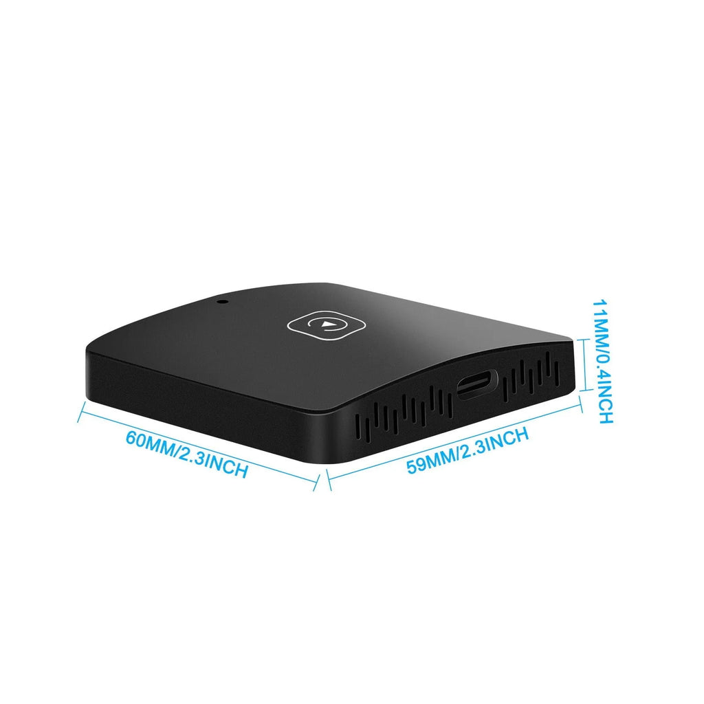 Black wireless CarPlay adapter module with USB cables for converting wired CarPlay systems