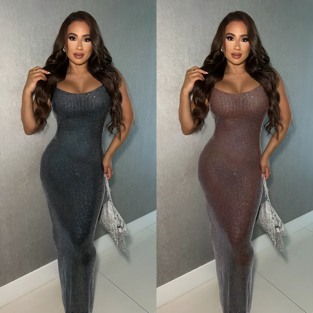 Wear Sexy mesh backless bodycon dress with hot drilling details, long skirt, black colour