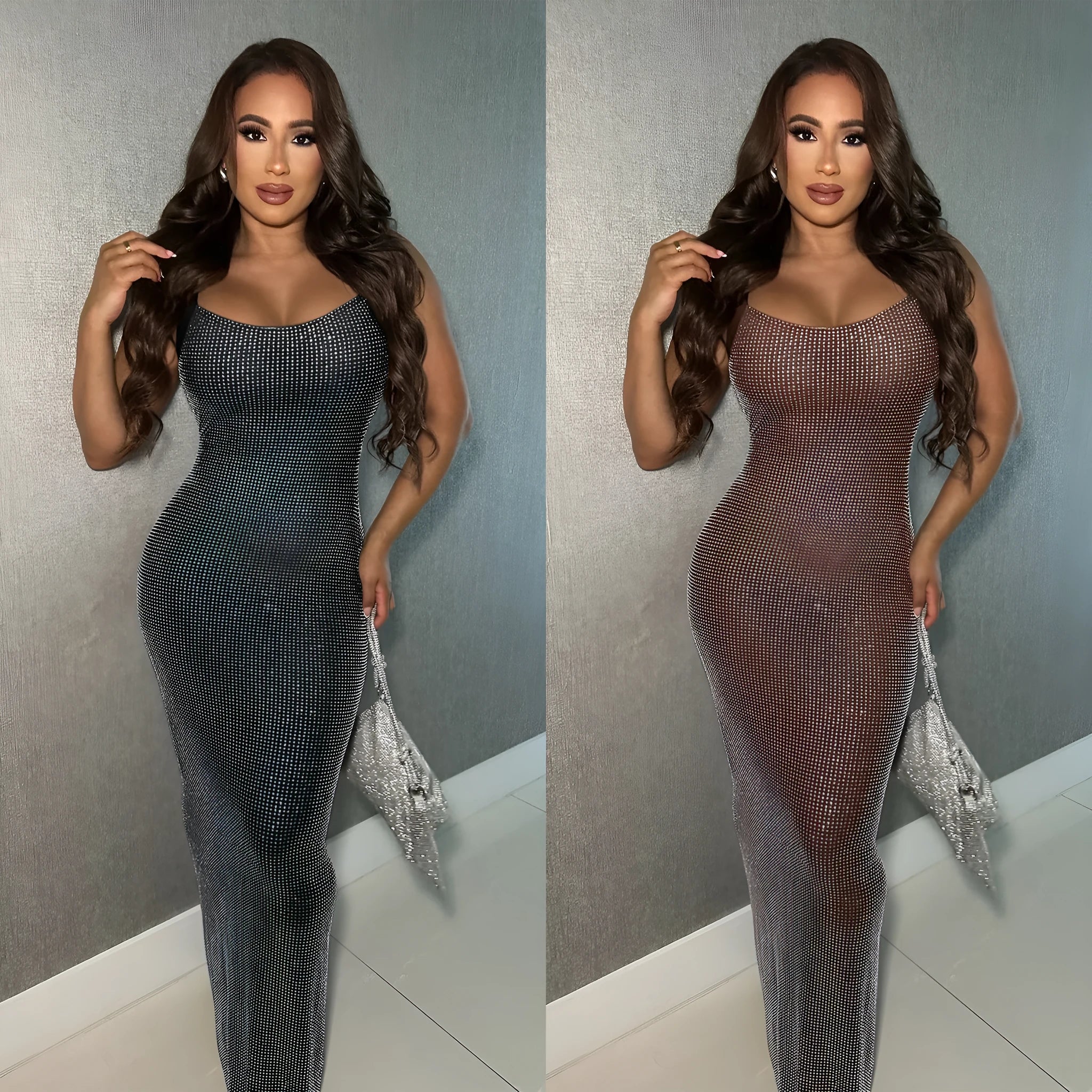 Wear Sexy mesh backless bodycon dress with hot drilling details, long skirt, black colour