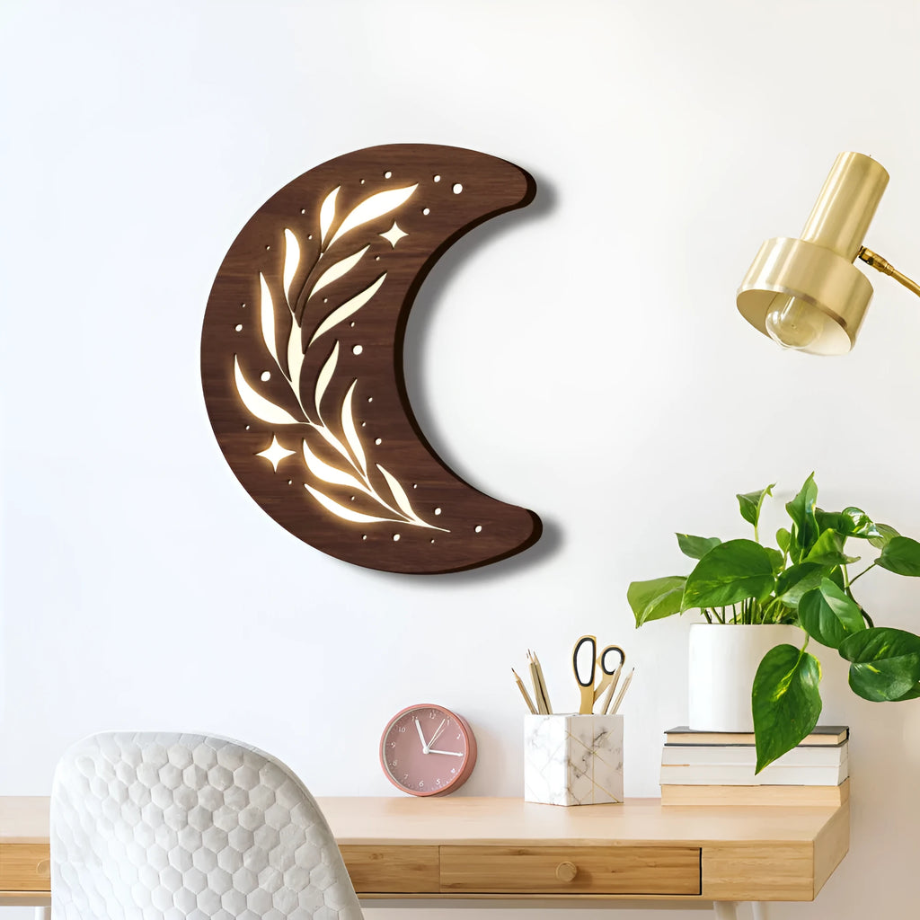 Bohemian style three-dimensional wooden leaf crescent pendant lamp with basswood construction
