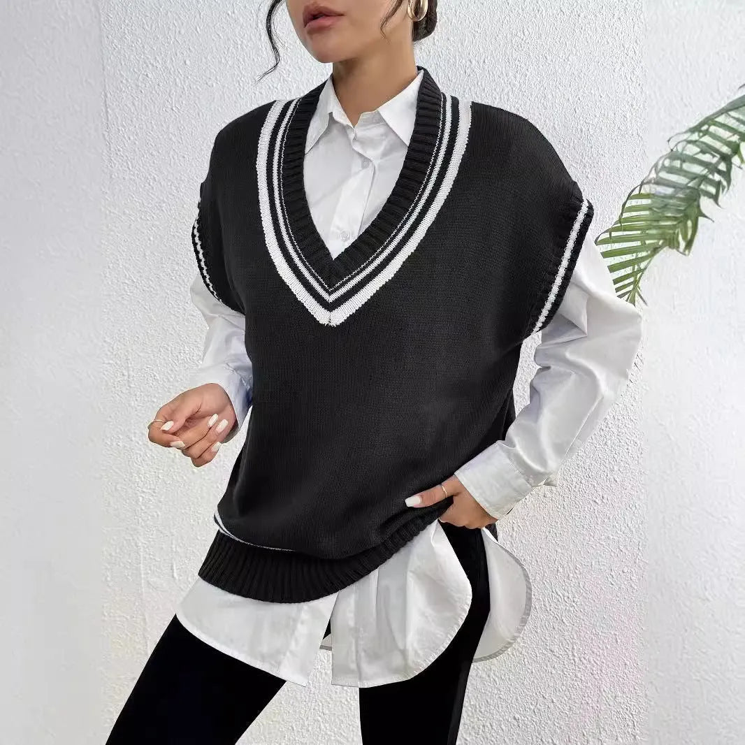 Women's loose casual vest sweater in college style with European colour matching
