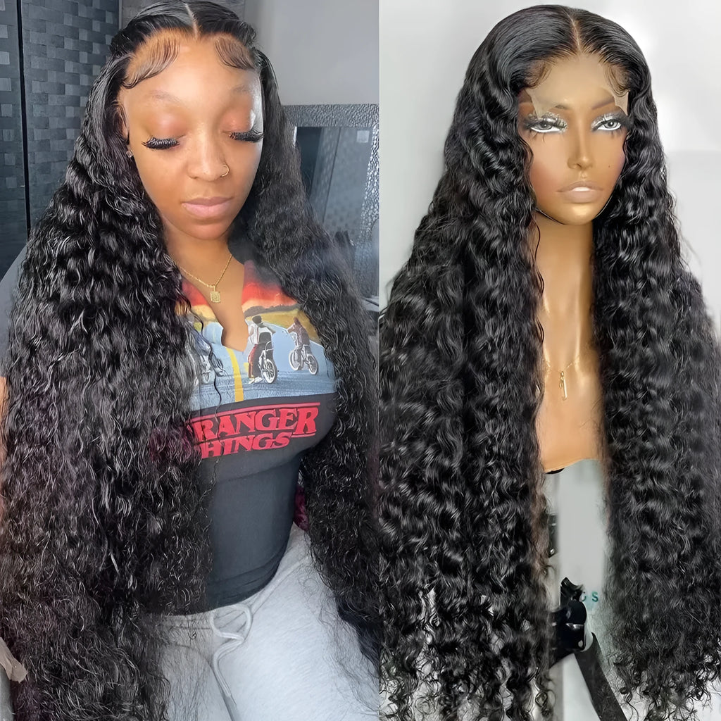 Long curly lace wig headgear in black with side bangs, high temperature fibre, 12 inch length