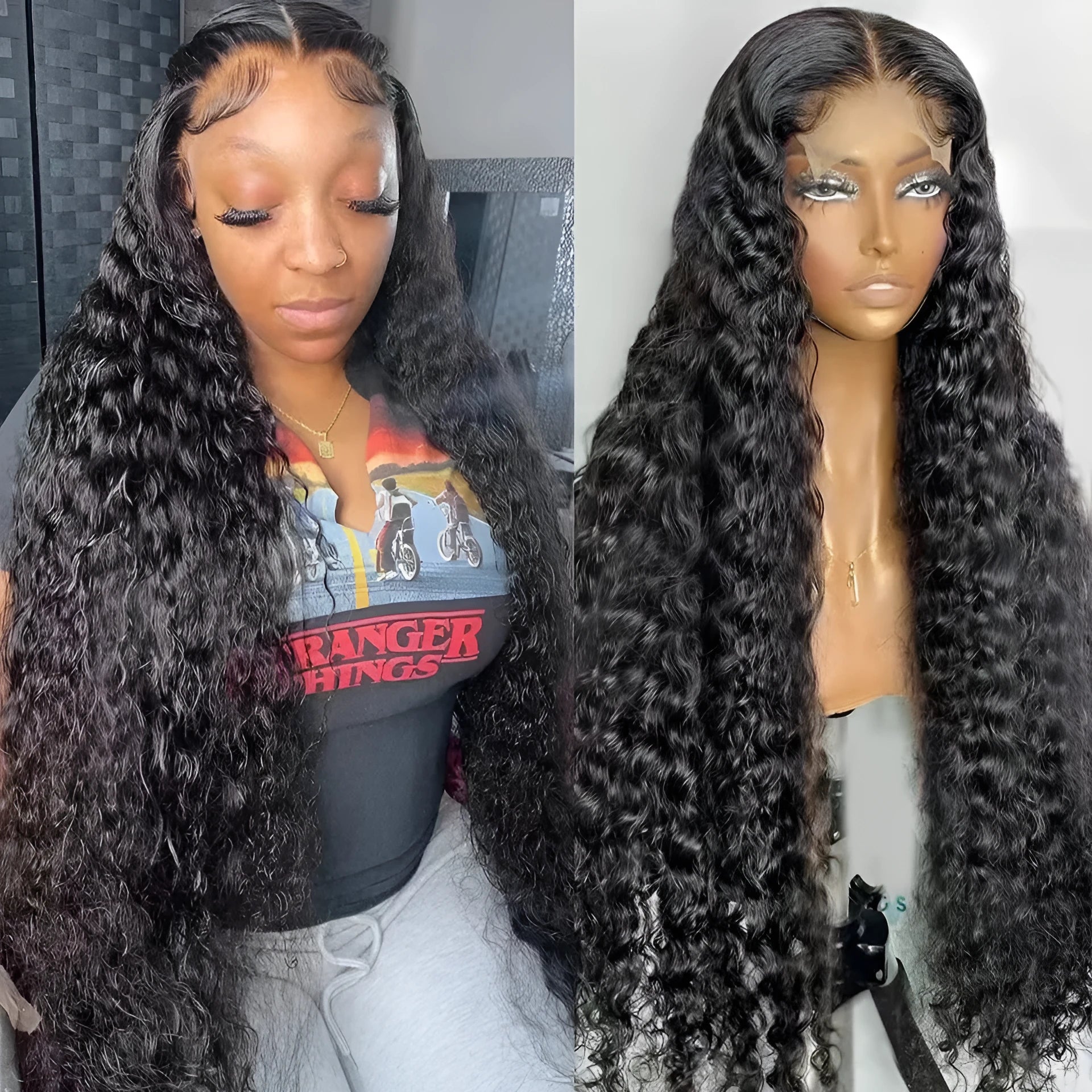 Long curly lace wig headgear in black with side bangs, high temperature fibre, 12 inch length