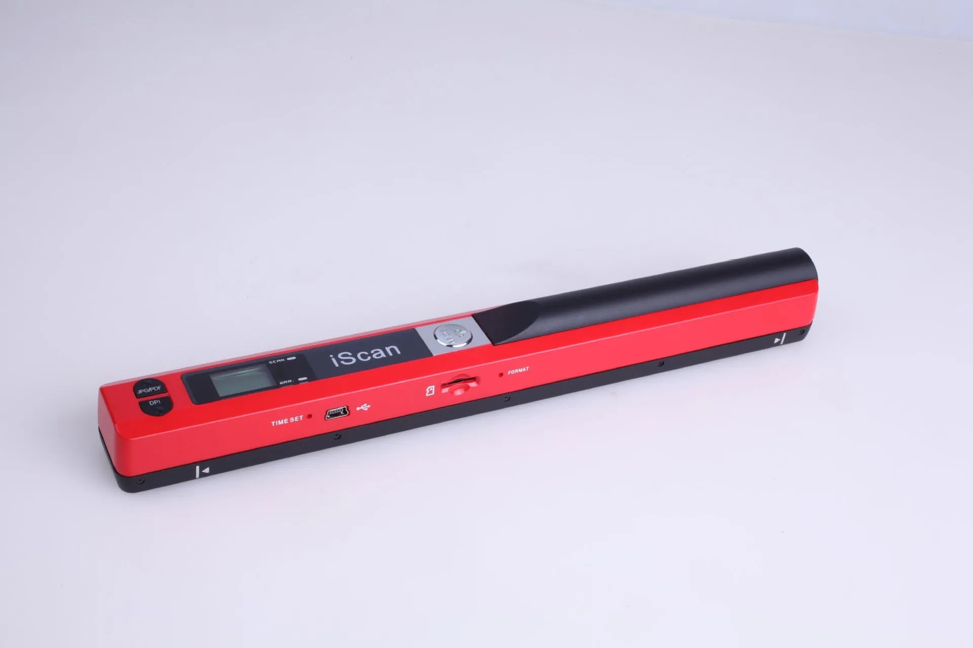 Handheld barcode scanner with plastic body shown in black, blue, green, red, and silver colour options.