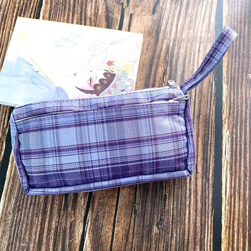 Canvas double-layer stationery bag in striped pattern with square shape and casual styling