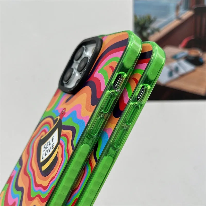 Green Love Yourself More glitter acrylic hard phone case for Apple iPhone models 11 to 15 Pro Max