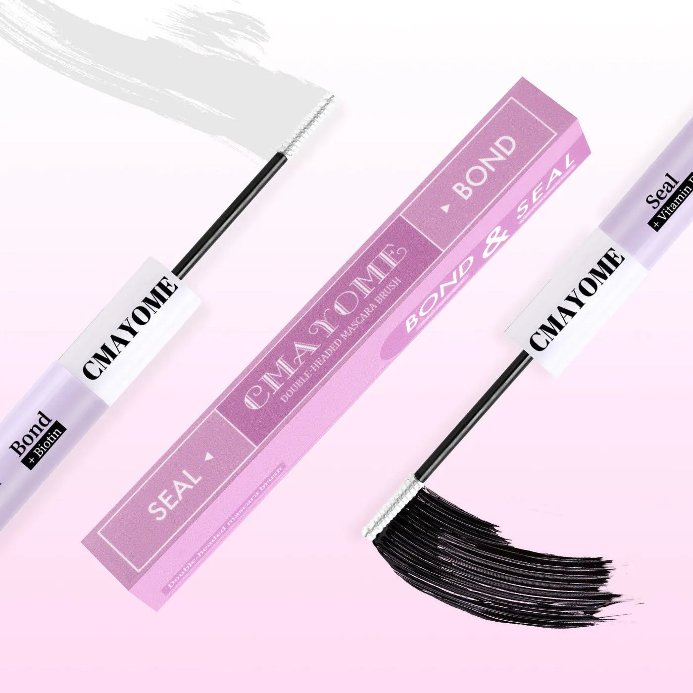 Double-headed eyelash glue in waterproof quick setting split type format with black lid and applicator tip