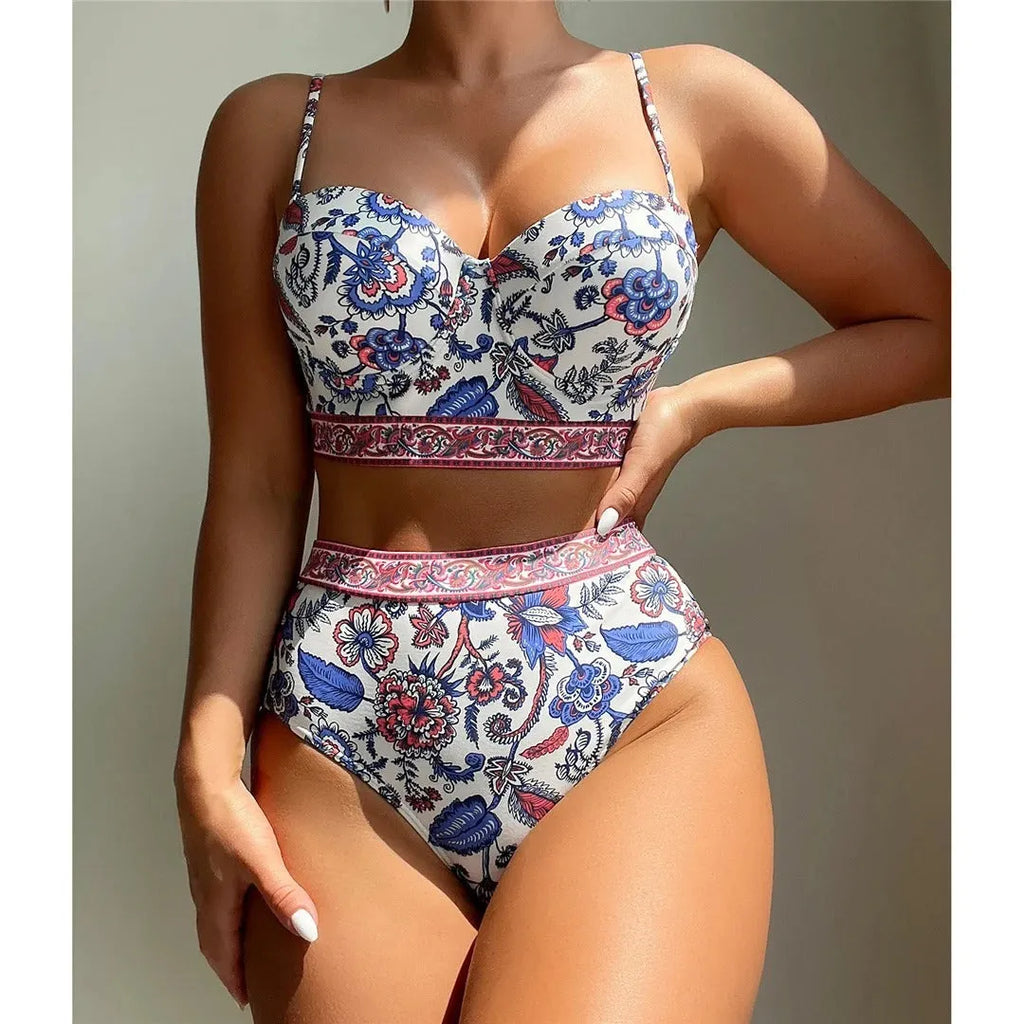 Blue women's high-waist push-up bikini swimsuit with sleeveless design