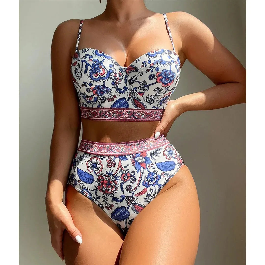 Blue women's high-waist push-up bikini swimsuit with sleeveless design