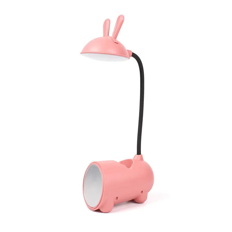 Cartoon-themed USB desk lamp with pen container in dark blue, green, or pink colours