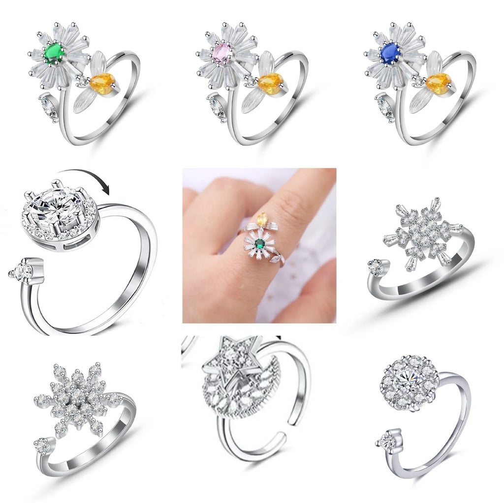 Gold adjustable spinner ring for women with flower bee design, copper alloy, zircon inlay, rotating band