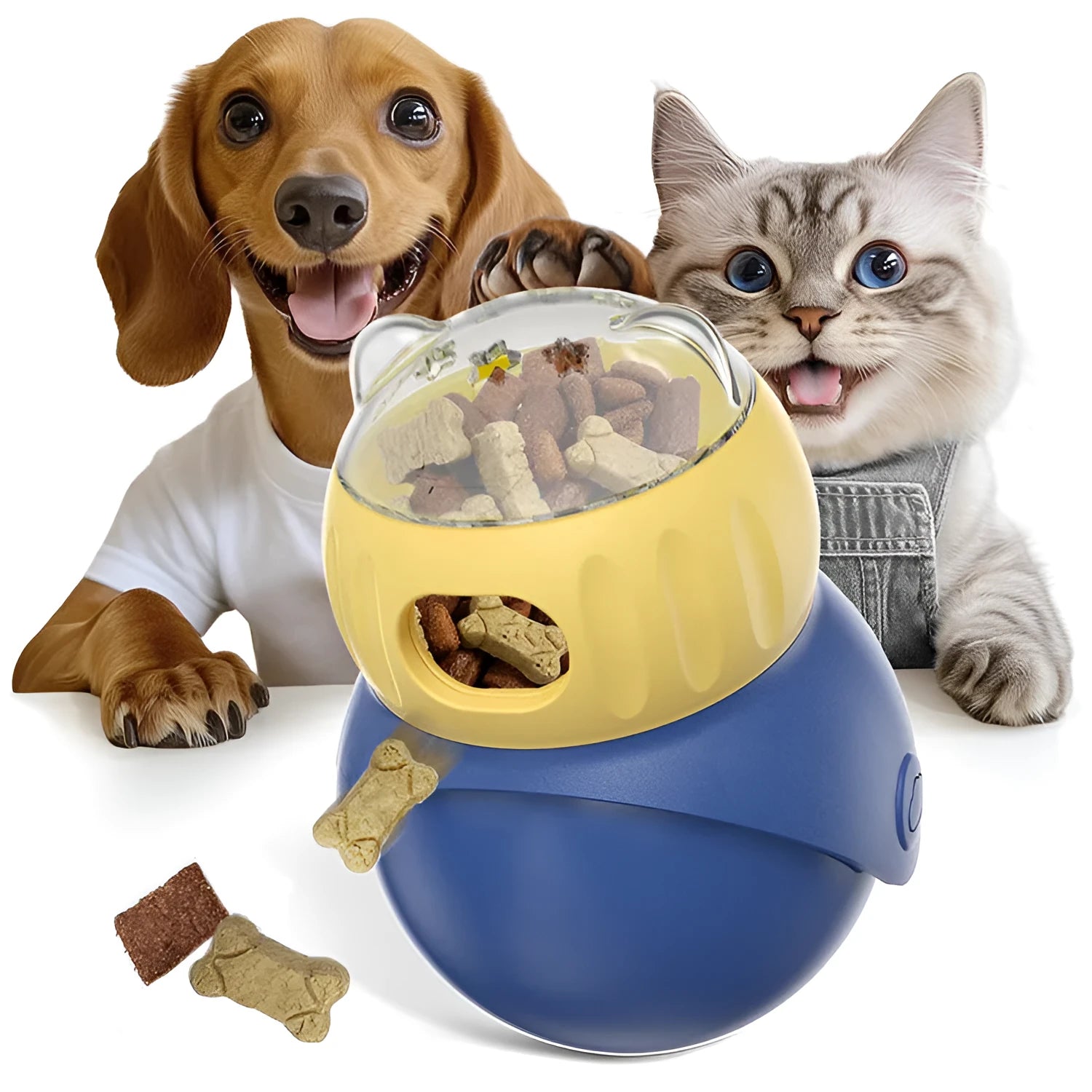 Morandi yellow and blue owl-shaped plastic puzzle feeder for cats on a wooden floor.